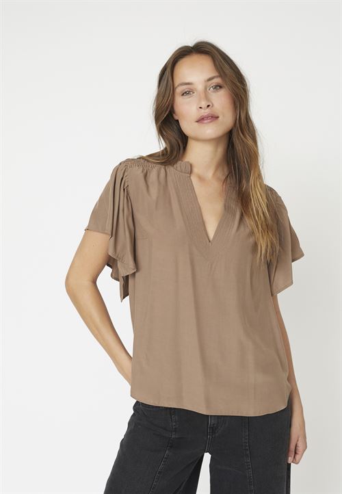 CO`COUTURE BLUSE, TORACC FRILL V-TOP, WALNUT