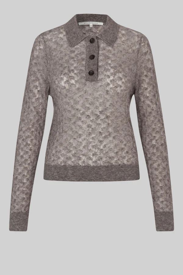 SECOND FEMALE PULLOVER, VESPA KNIT LS POLO, MID BROWN MELANGE