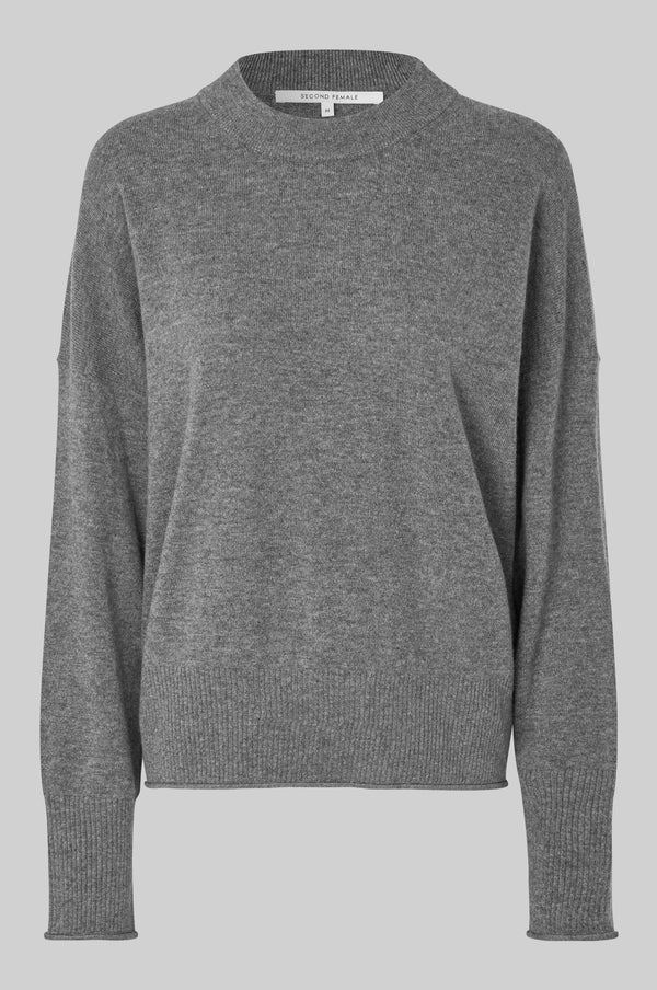 SECOND FEMALE STRIK, CALM KNIT O-NECK, GREY MELANGE