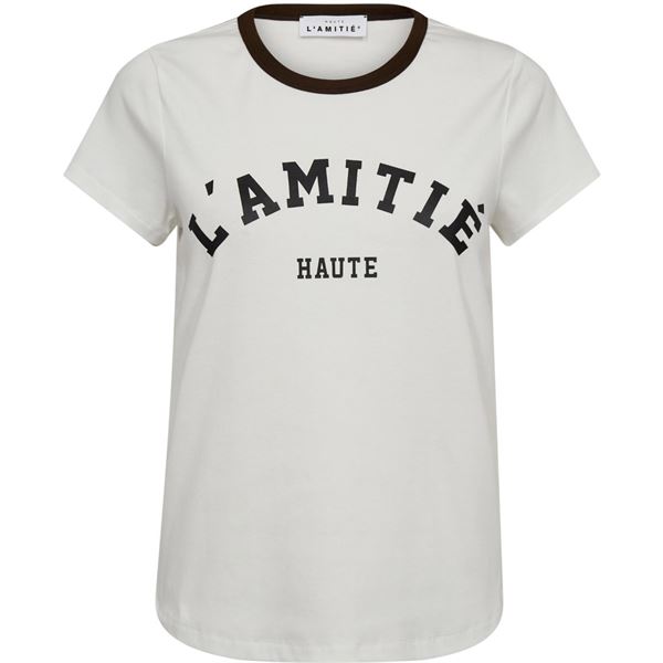HAUTE L`AMITIÉ T-SHIRT, NECKLINE LOGO TEE, OFF WHITE/MOCCA