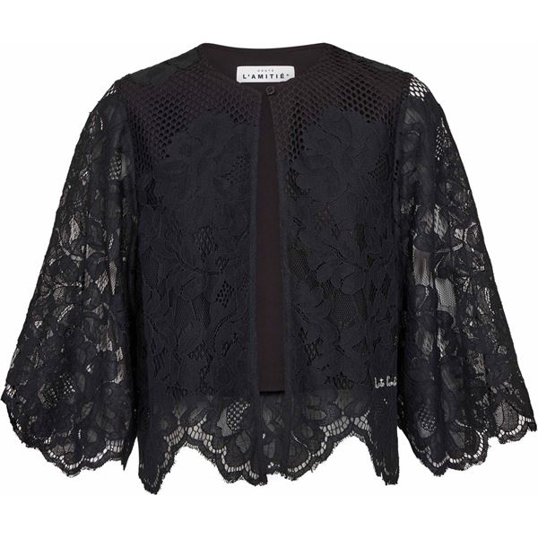 HAUTE L`AMITIÉ BOLERO, CURVEY LACE HEM BOLERO, BLACK