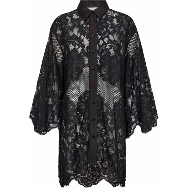 HAUTE L`AMITIÉ SKJORTE, CURVEY LACE HEM MIDI SHIRT, BLACK