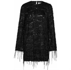HAUTE L`AMITIÉ KJOLE, SEQUIN FRINGE MIDI DRESS, BLACK