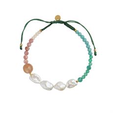 STINE A BRACELET, POWDER FALL BRACELET WITH STONES AND PEARLS AND PINE GREEN RIBBON