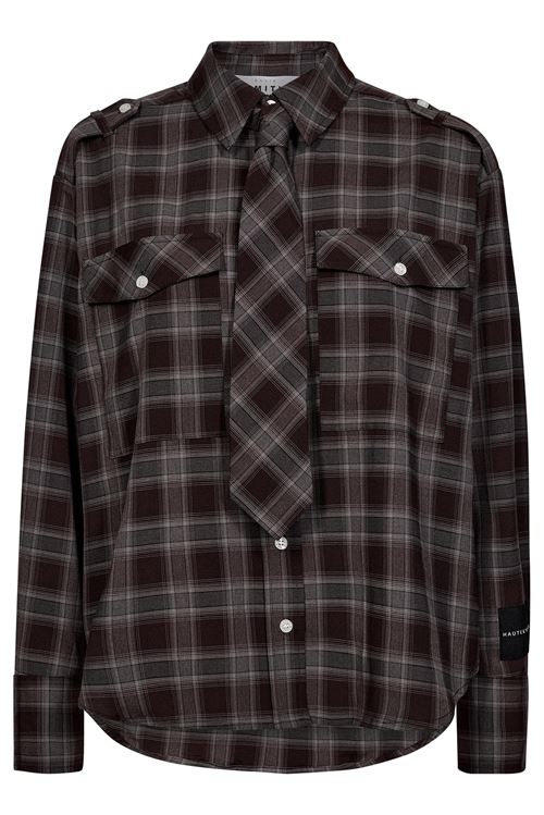 HAUTE L`AMITIÉ SKJORTE, ROBIN TIE CHECK SHIRT, MOCCA